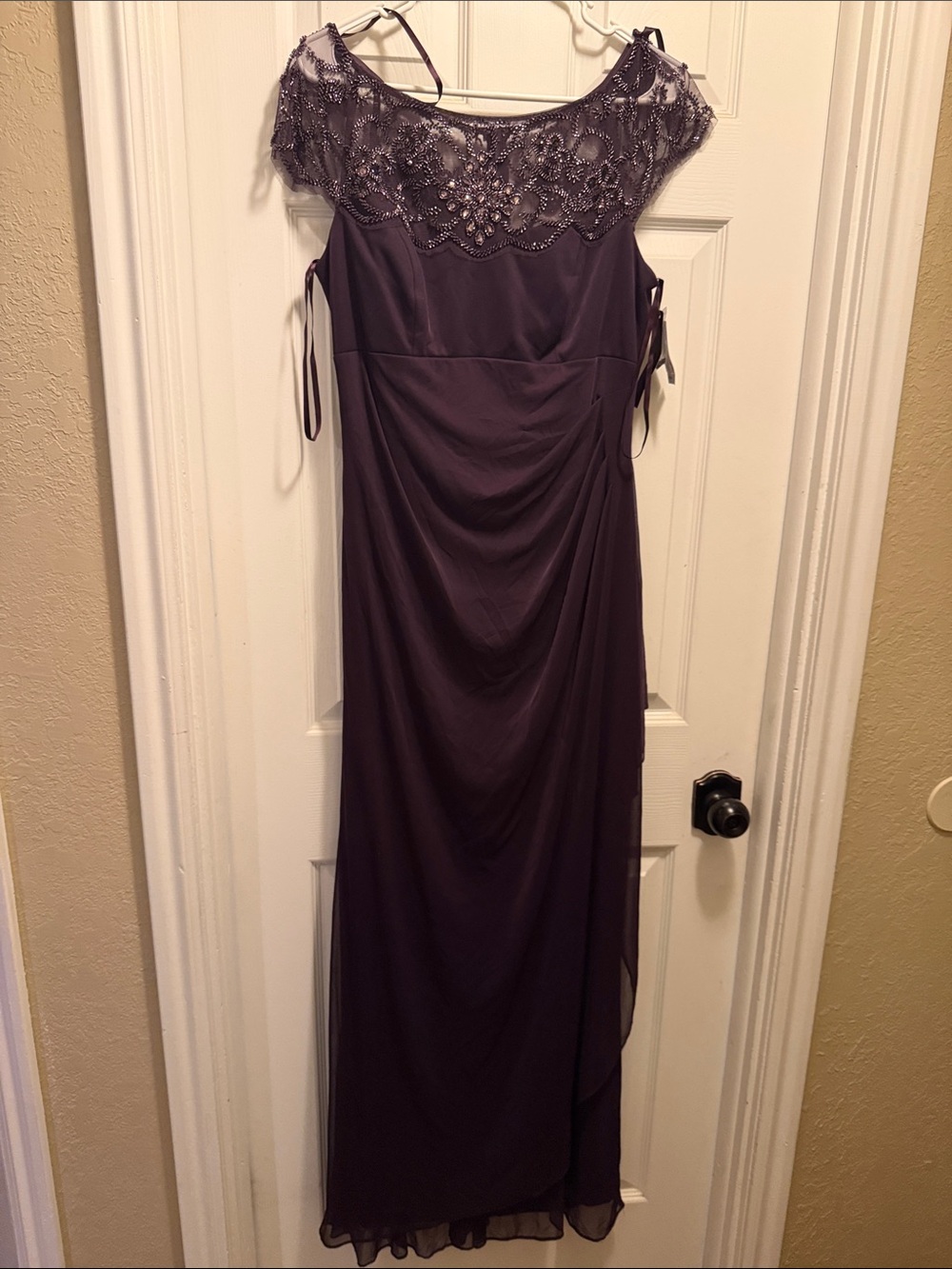 Xscape sheer matte jersey embellished ruffle Gown- 3632X